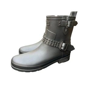 Women Sz 10 Hunter Refined Stud Biker Rain Boots Embellished Black Ankle Rubber